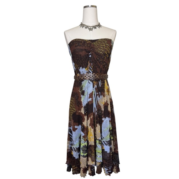 Y2K Chacok Brown Strapless Whimsy Midi Dress Size Small - Picture 1 of 9